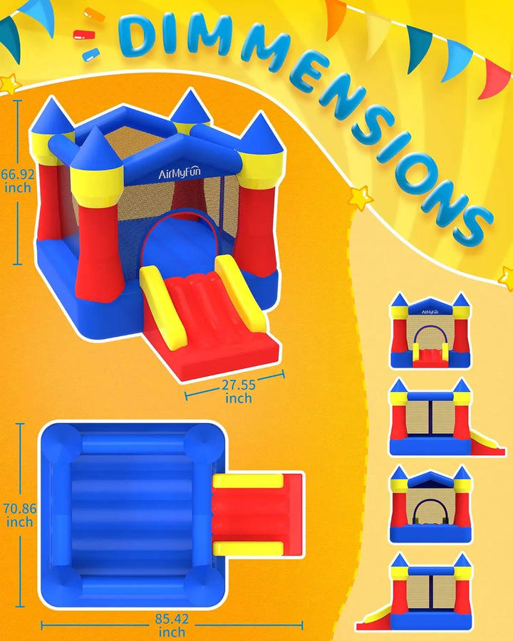 Inflatable bounce house with dimensions on a yellow background.