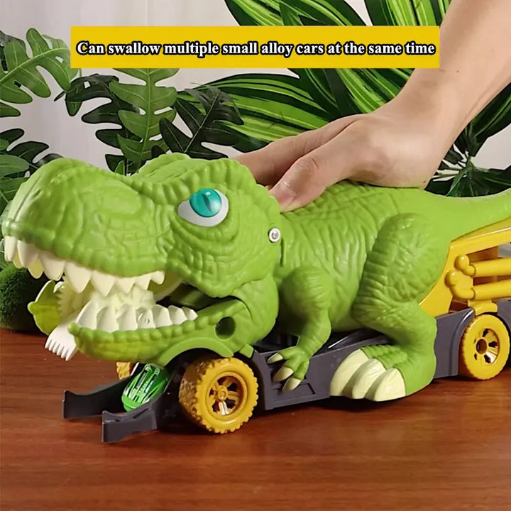 Green toy dinosaur with a trailer carrying small alloy cars on a wooden surface with plants in the background.