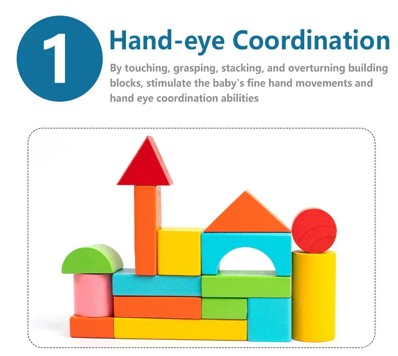 Colorful building blocks with text about hand-eye coordination on a white background.