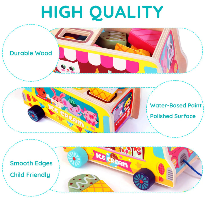 Colorful toy truck with ice cream design, labeled as high quality with durable wood and water-based paint.