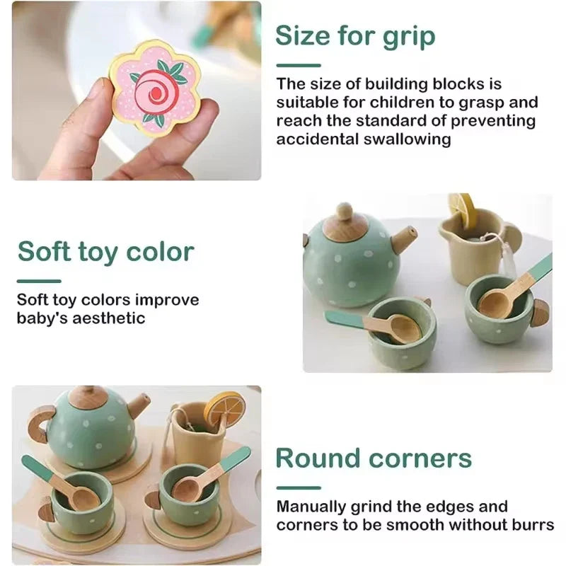 Children's tea set with teapot, cups, and spoons on a white surface.