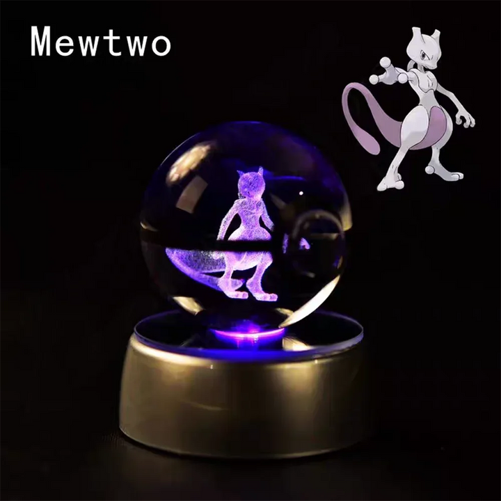 Crystal ball with Mewtwo design on a dark background.