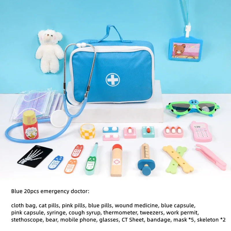 Blue emergency doctor kit with medical accessories on a blue background.