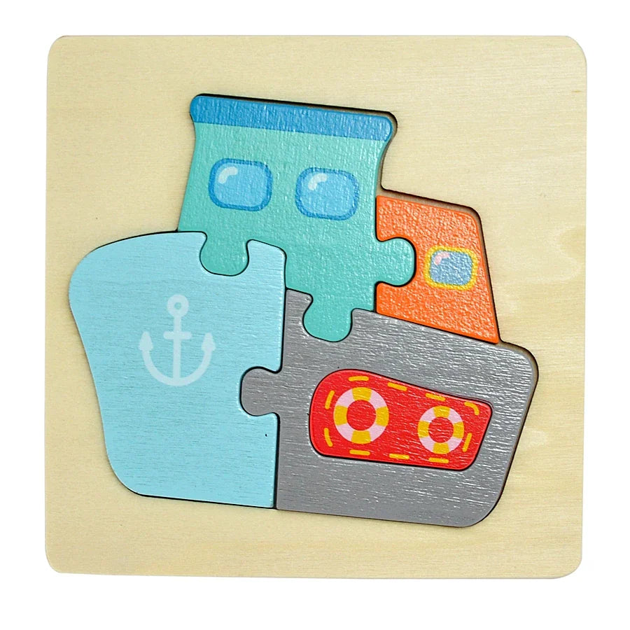 Wooden puzzle shaped like a boat with colorful pieces on a beige background.