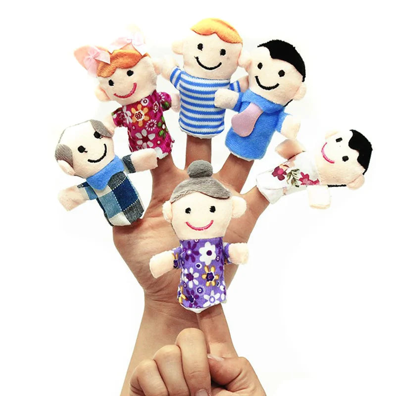 Set of colorful finger puppets on a hand against a white background.