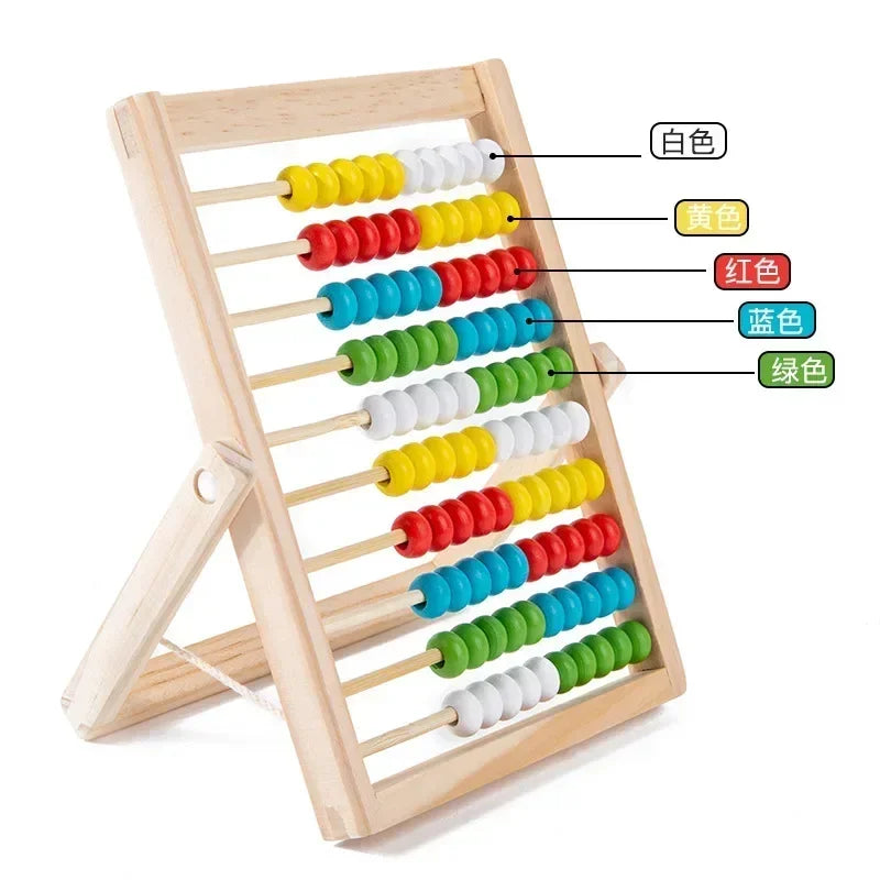Colorful abacus with labeled beads on a white background.