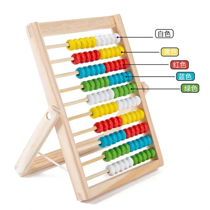 Colorful abacus with labeled beads on a white background.