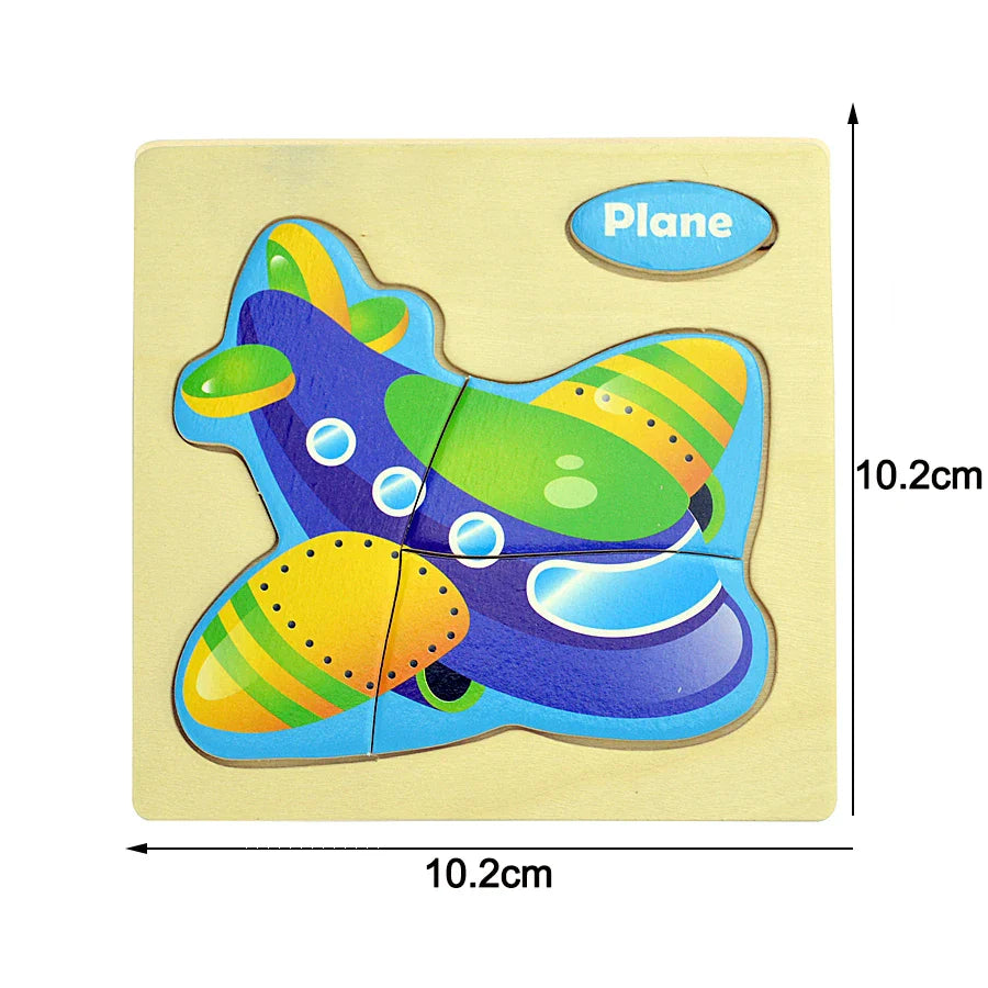 Wooden airplane puzzle with colorful design on a beige background.