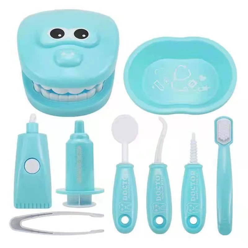 Teal dental tool set with various dental hygiene instruments on a white background.