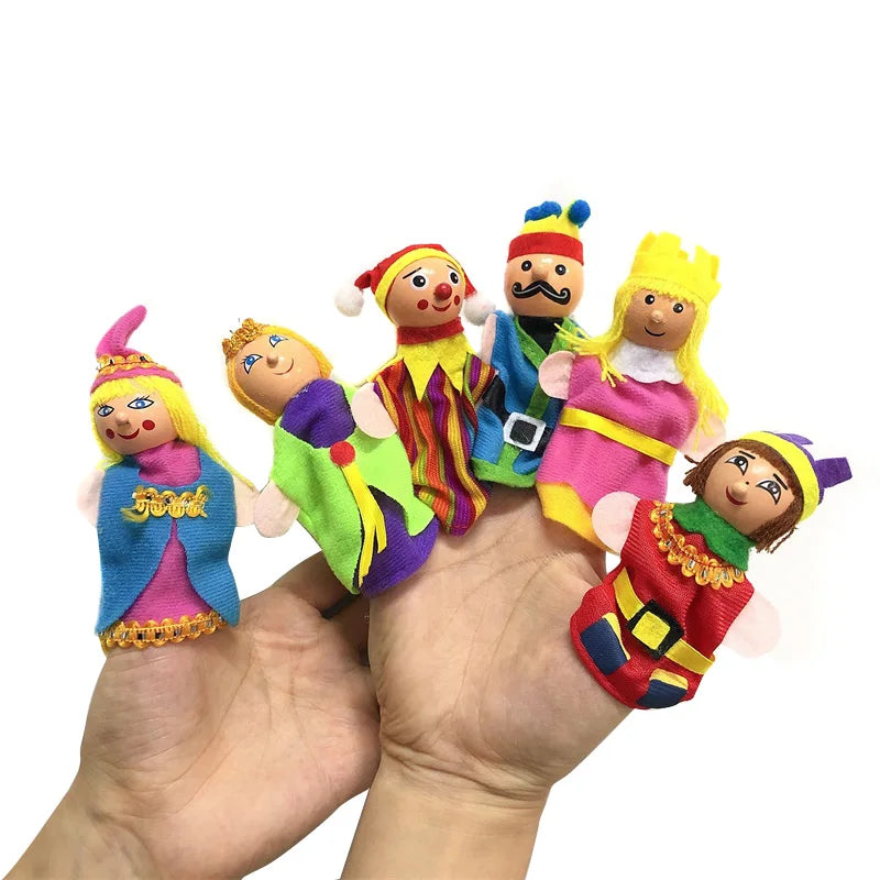 Colorful finger puppets on a hand against a white background.