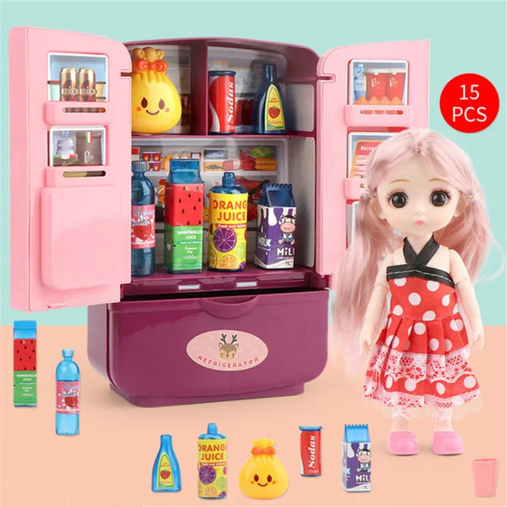 Toy refrigerator set with dolls and drinks on a light blue background.