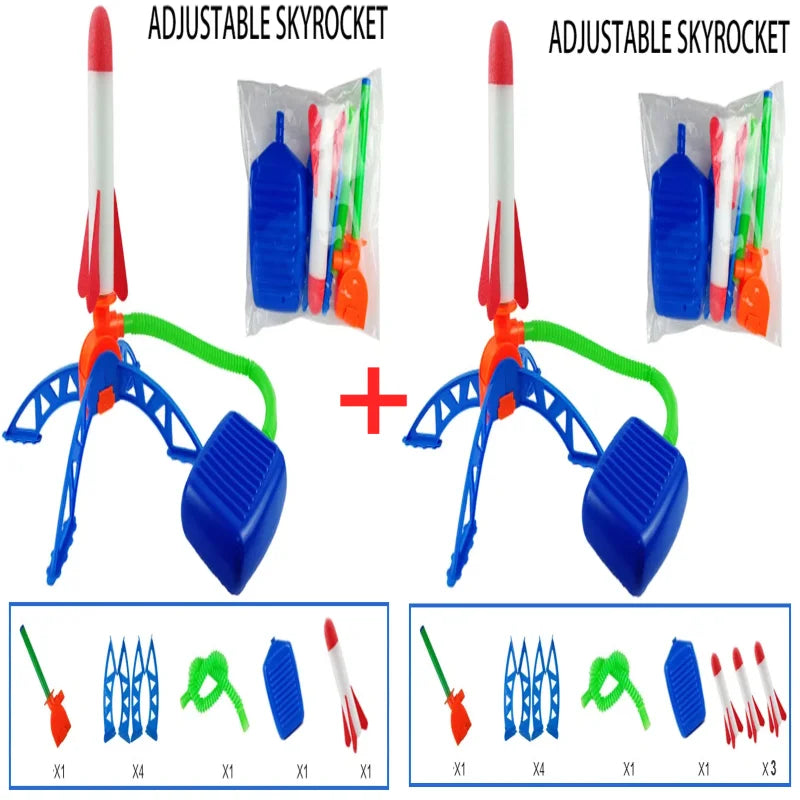 Adjustable skyrocket toy set with colorful components on a white background.