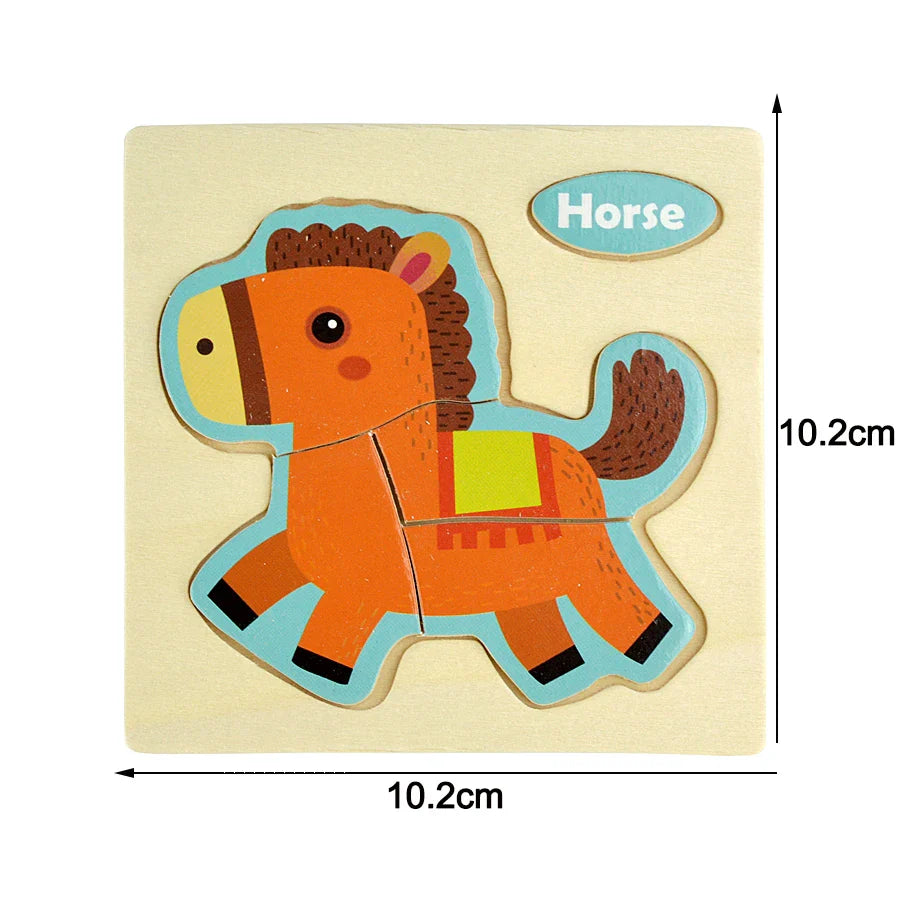 Wooden horse puzzle with measurements on a beige background.