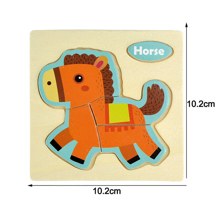 Wooden horse puzzle with measurements on a beige background.