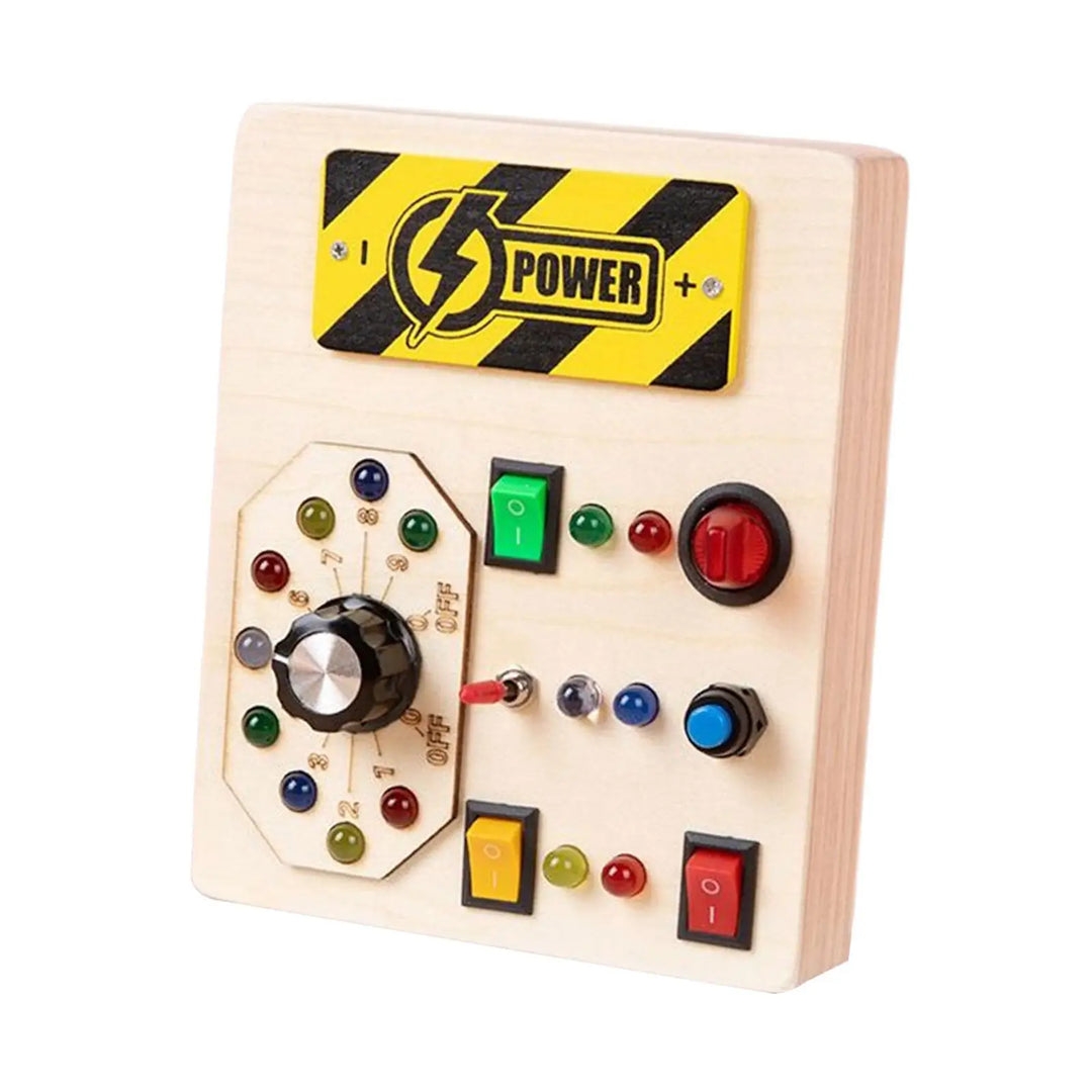 Wooden control panel with colorful buttons and a power symbol on a white background.