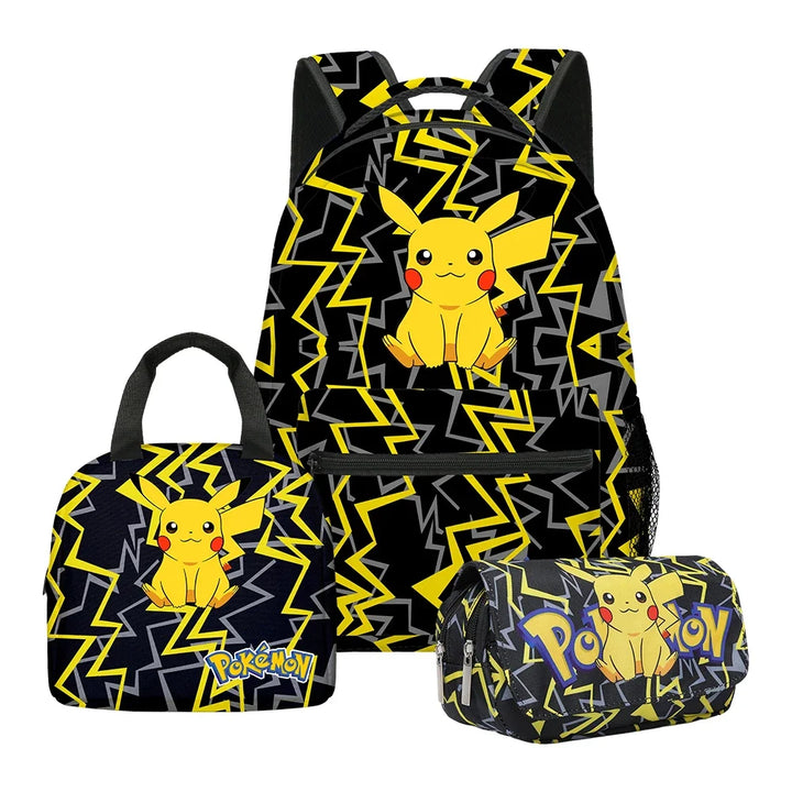 Set of three Pikachu-themed bags with black and yellow design on a white background.