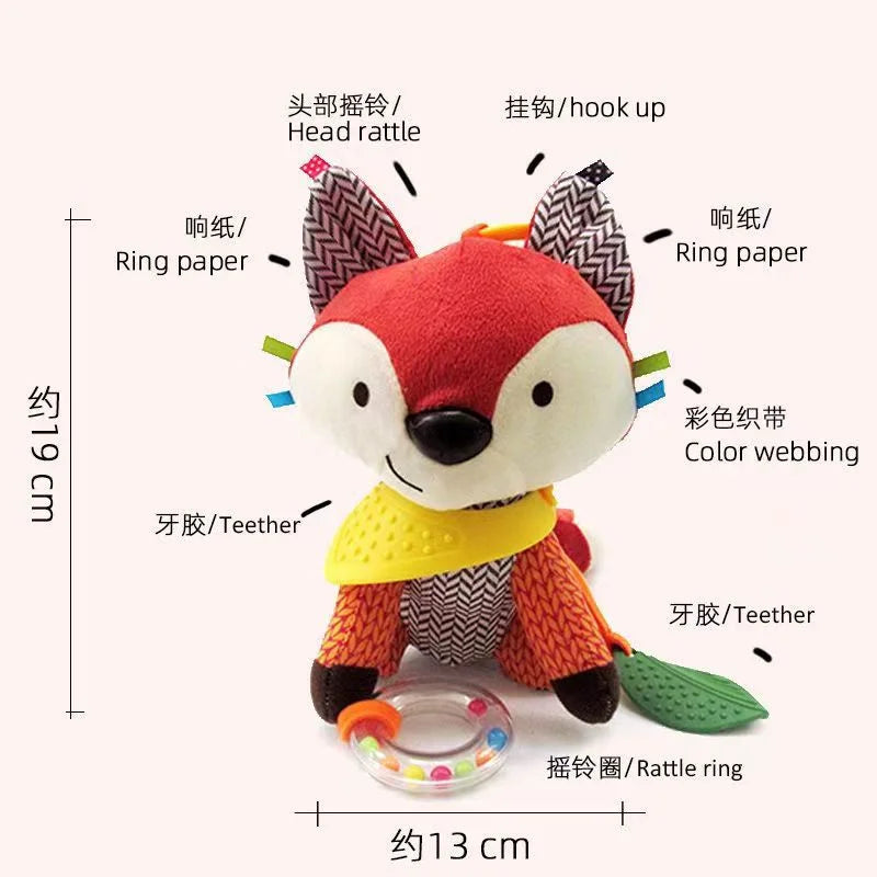 Plush fox toy with various parts labeled and dimensions indicated.
