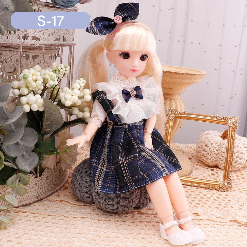 Doll with plaid outfit and bow accessories in a decorative setting.