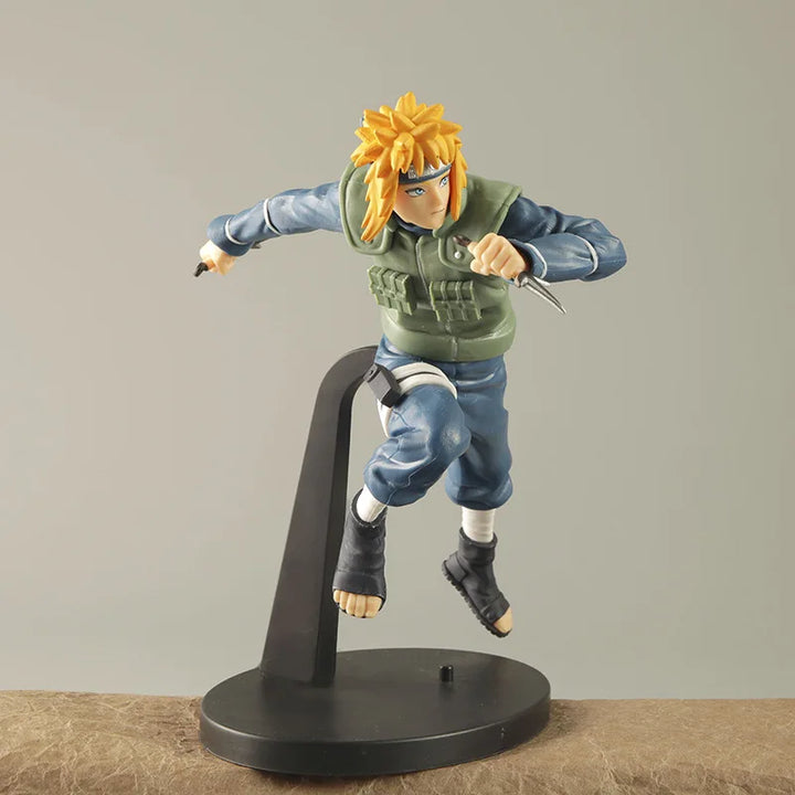Action figure of a character in a dynamic pose on a stand with a plain background.