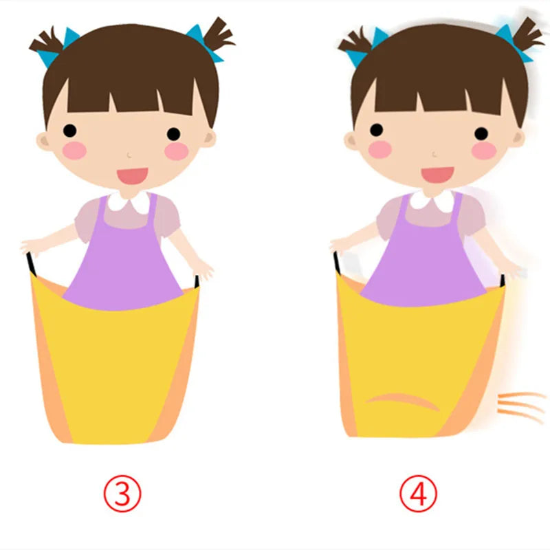Two cartoon girls with pigtails standing inside yellow sacks on a white background.