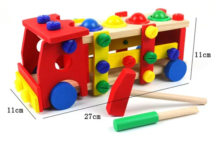 Colorful wooden toy with geometric shapes and measurement details on a white background.