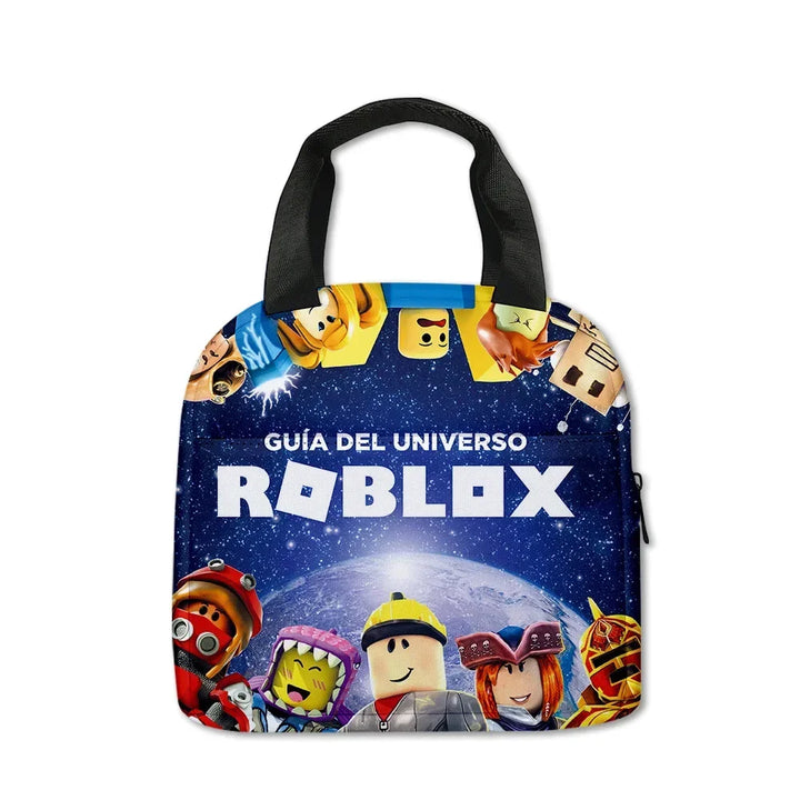 Tote bag with Roblox characters and text on a white background.