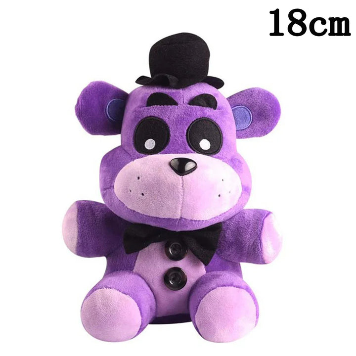 Purple plush toy with a black top hat and bow tie on a white background.