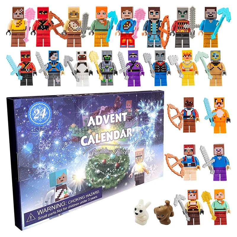 Advent calendar with building block figures on a white background.