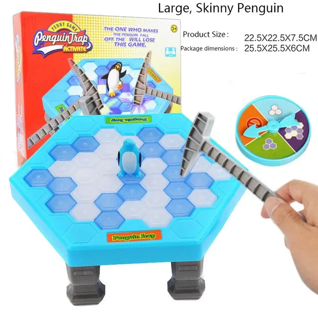 Penguin Trap game with packaging and product dimensions displayed.