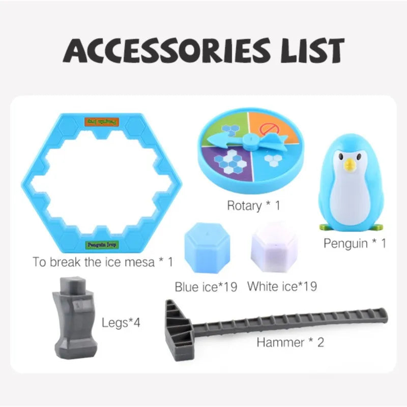 List of accessories for a toy set including icebreaking tools and penguin figure.