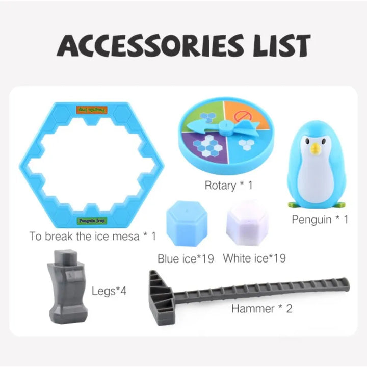 List of accessories for a toy set including icebreaking tools and penguin figure.