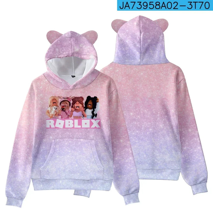 Gradient pink and purple hoodie with bear ears, front and back views, featuring Roblox characters.