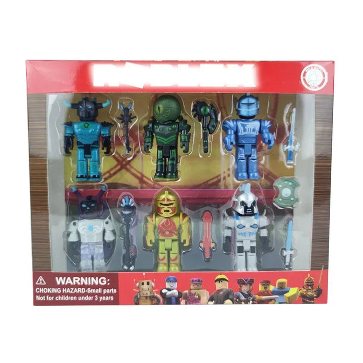 Boxed set of robot action figures with warning label on a white background.