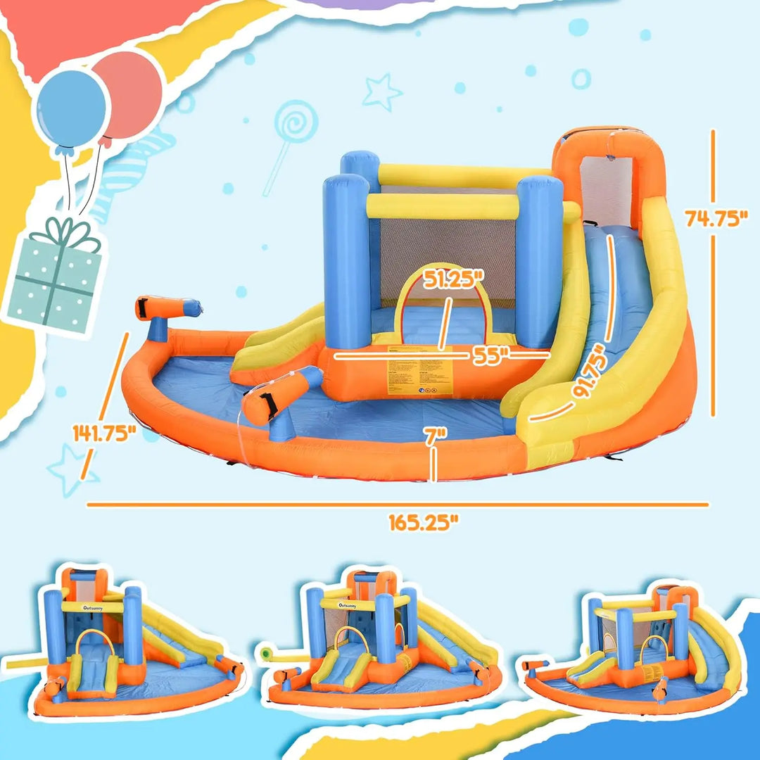 Inflatable play structure with dimensions on a colorful background.