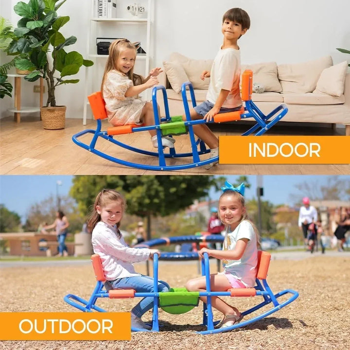 Children playing on a blue and orange seesaw.