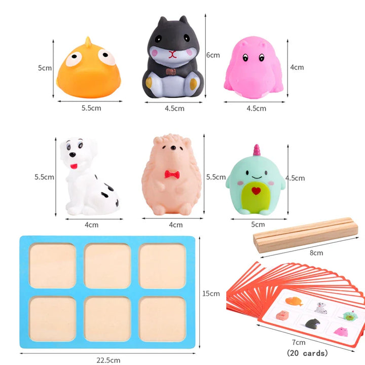 Set of small animal-shaped toys with dimensions, a blue tray, and cards on a white background.
