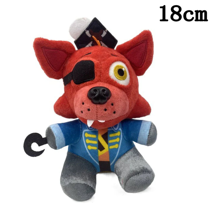 Plush toy of a red fox character with a blue jacket and gray pants, standing on a white background.