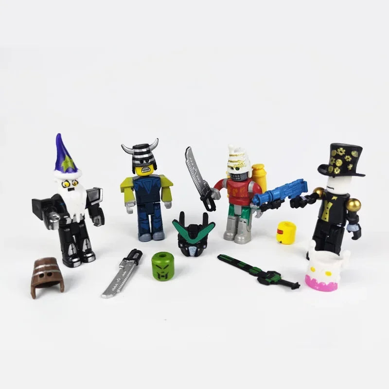 Set of toy figures with various accessories on a white background.