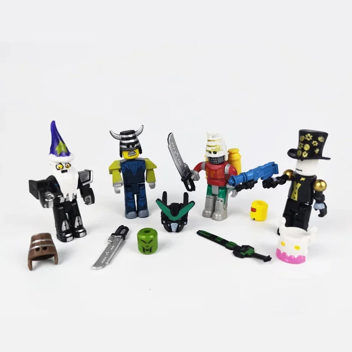 Set of toy figures with various accessories on a white background.