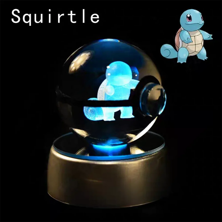 Crystal ball with a glowing blue creature inside, labeled Squirtle on a black background.