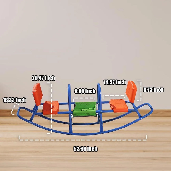 Children's rocking toy with measurements on a wooden surface.