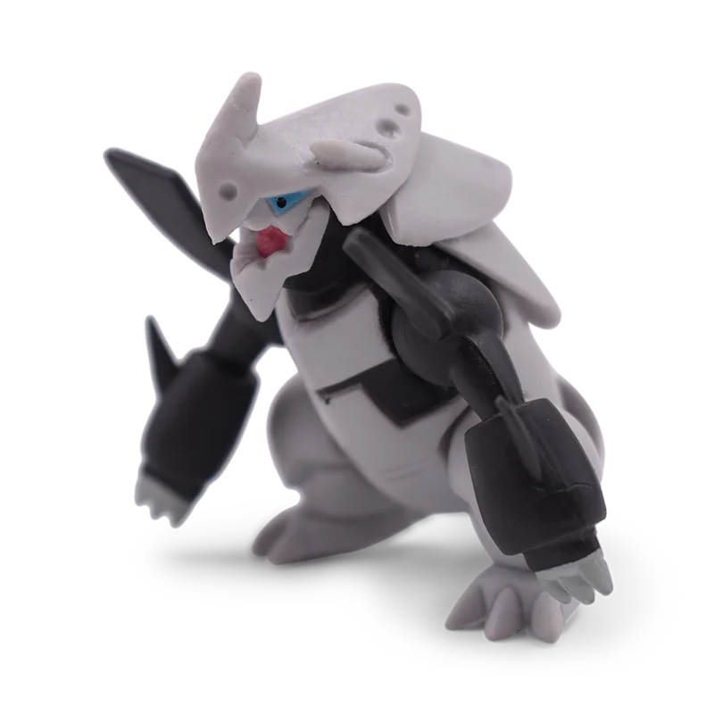 Toy figure of a gray and black creature with a white helmet on a white background.