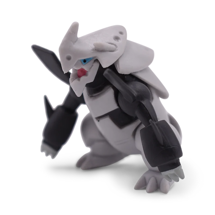 Toy figure of a gray and black creature with a white helmet on a white background.