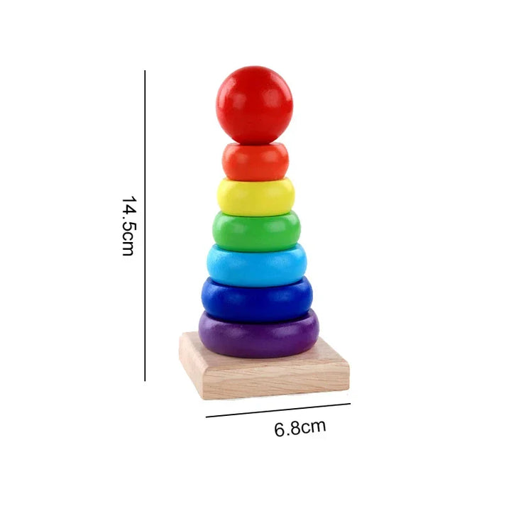 Colorful stacking toy with dimensions on a white background.