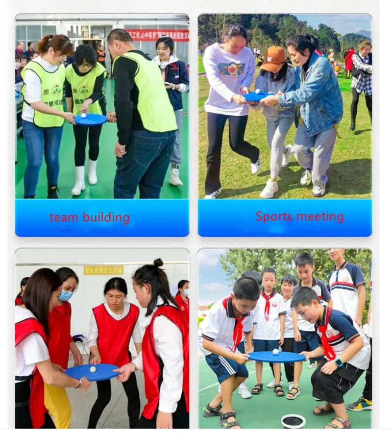 Collage of people participating in team building and sports meeting activities.