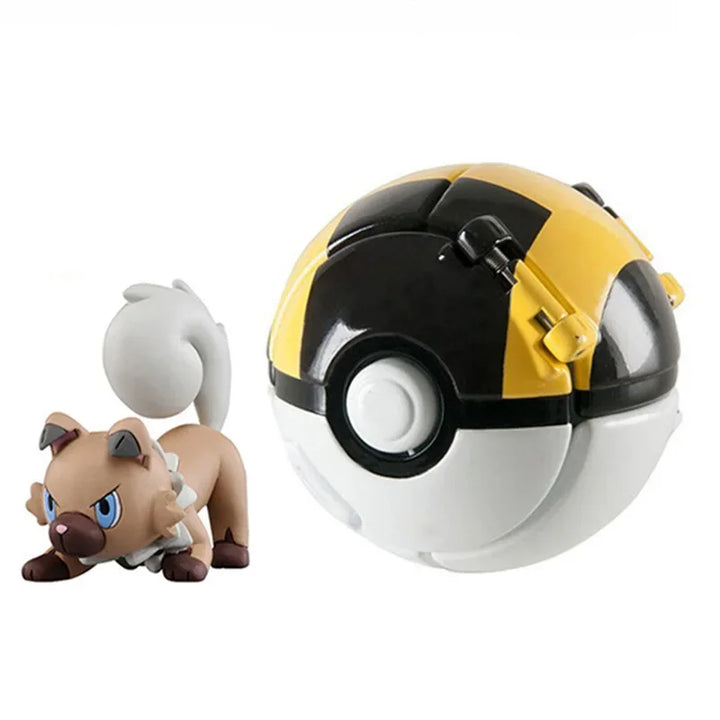 Toy figure of a small animal-like creature next to a Poké Ball on a white background.