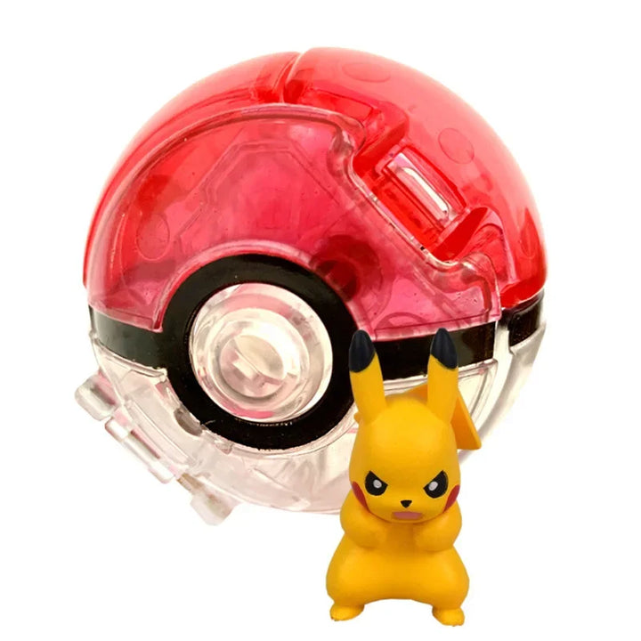 Red transparent ball with a small yellow Pikachu figure on a white background.