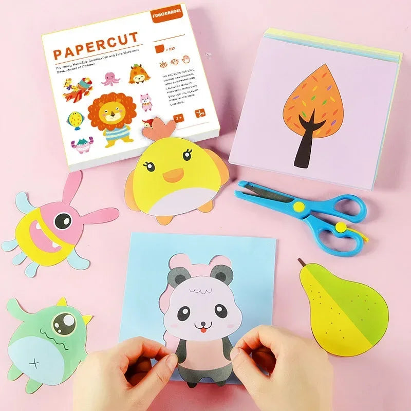 Children's craft activity with paper cutouts and scissors on a pink background.
