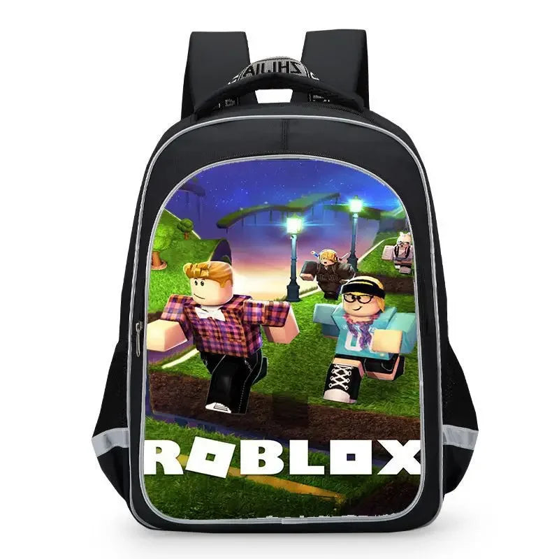 Backpack with Roblox characters and logo on a white background.
