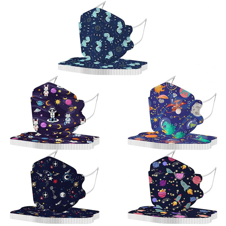 Set of five face masks with space-themed designs on a white background.
